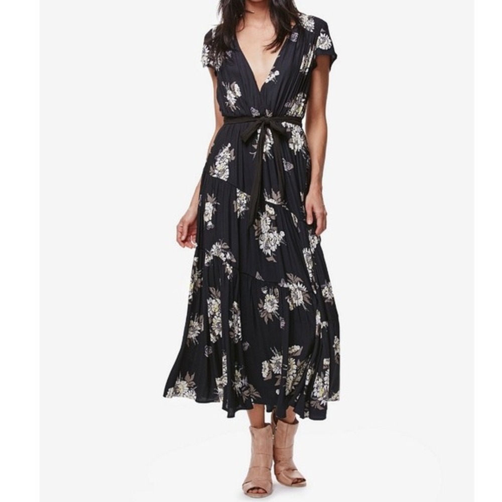 Free People Floral Butterfly Tiered Maxi Dress‎ Black Boho V-Neck Cap Sleeve
